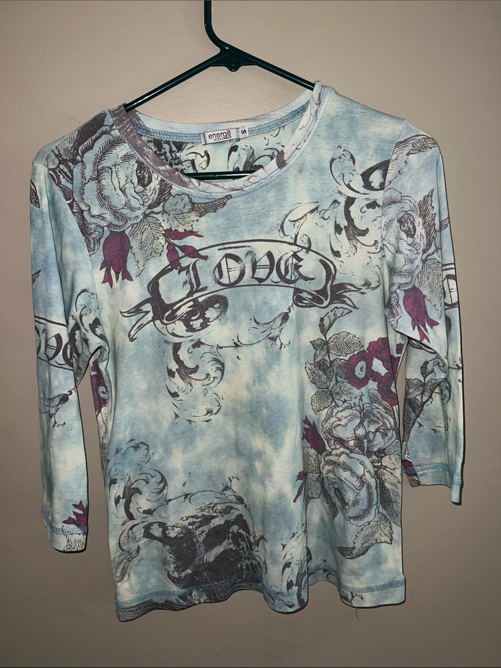Energē Light Blue Tie-Dye Long Sleeve Tee with Floral Script